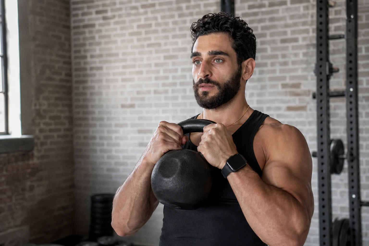 Trevor demonstrating a kettlebell rack position